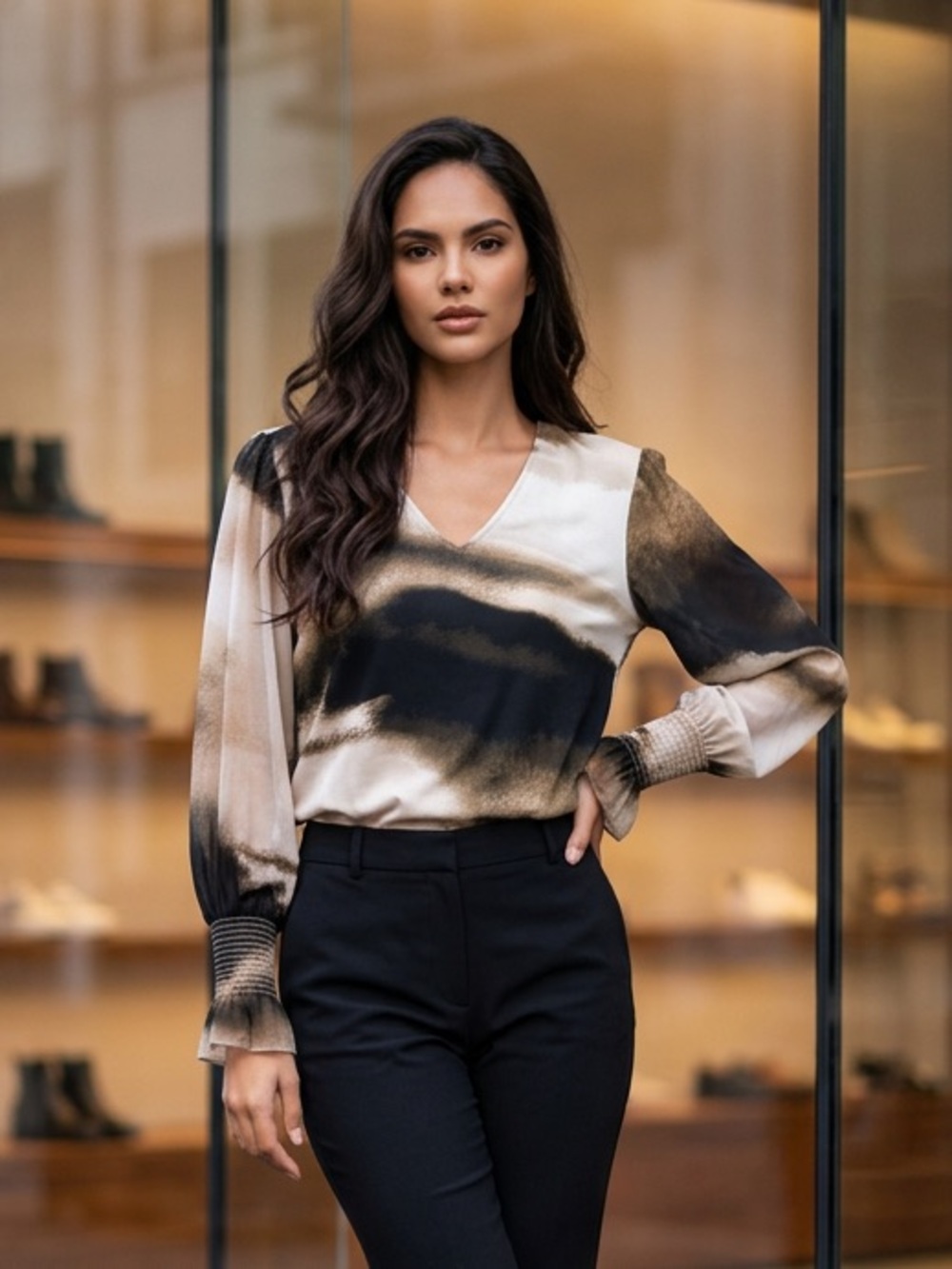 Calvin Klein Black and Cream V-Neck Long-Sleeve Blouse